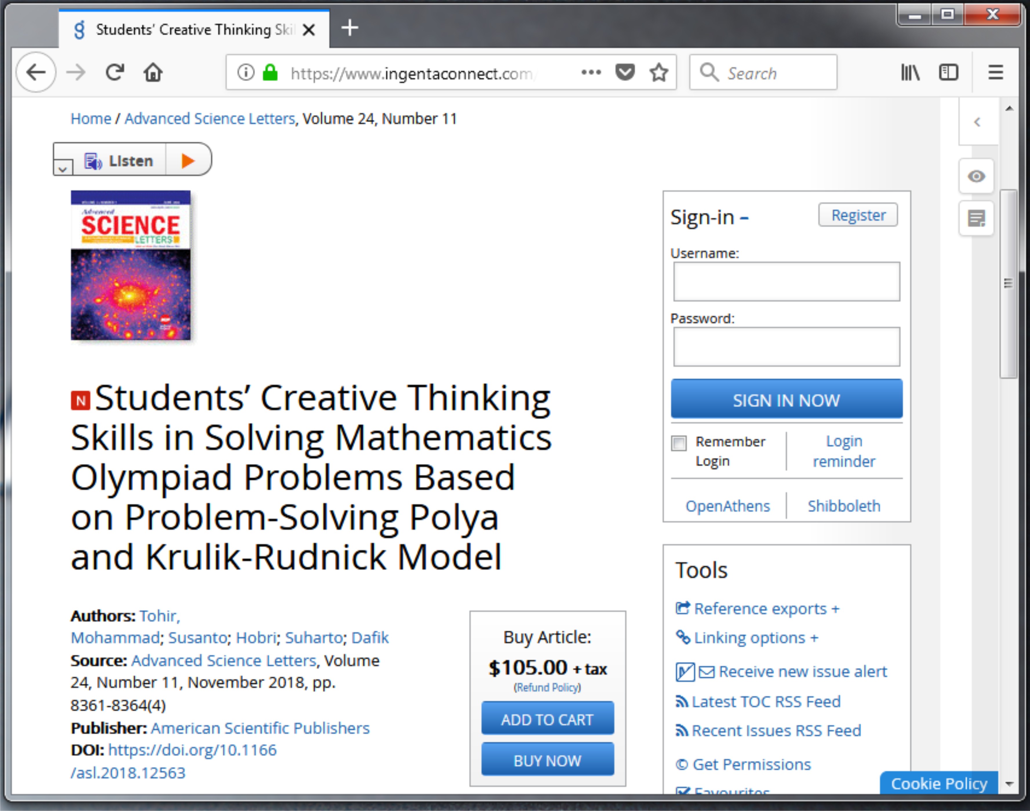 Students Creative Thinking Skills in Solving Mathematics Olympiad Problems Based on Problem Solving Polya and Krulik Rudnick Model